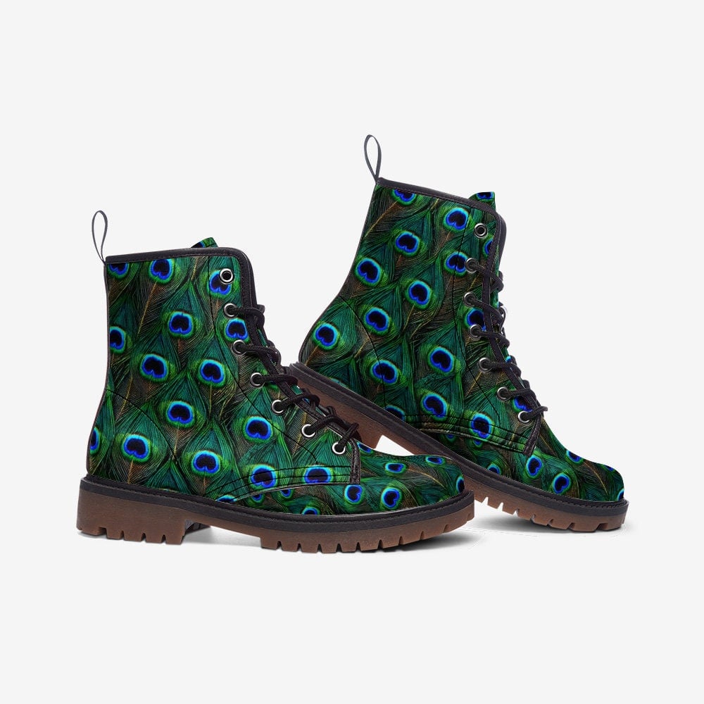 Hippie Art Zone - Peacock Feathers Vegan Leather Boots Gorgeous Bright Blues And Greens