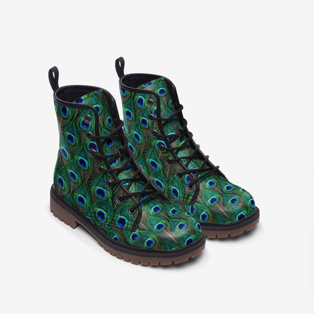 Hippie Art Zone - Peacock Feathers Vegan Leather Boots Gorgeous Bright Blues And Greens