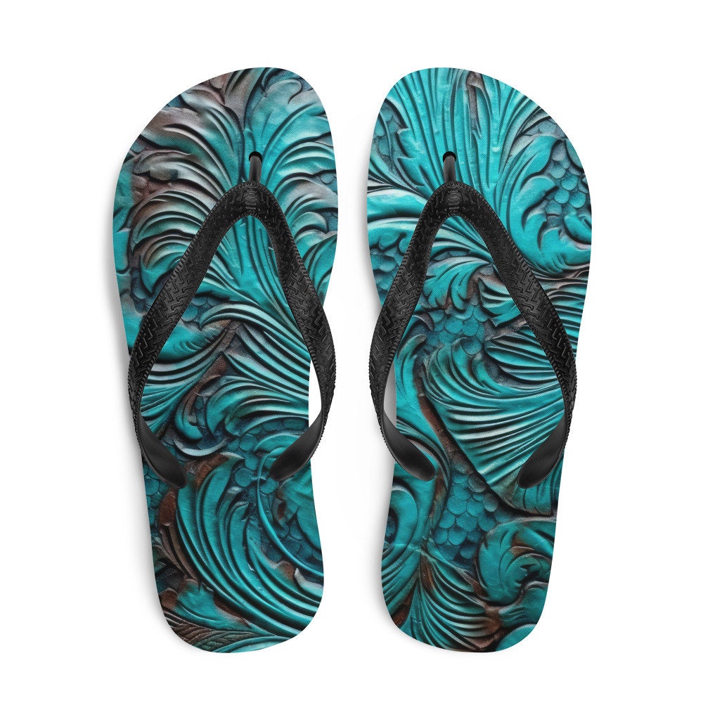 hippieartzone - Western Scroll leather blue design Flip-Flops