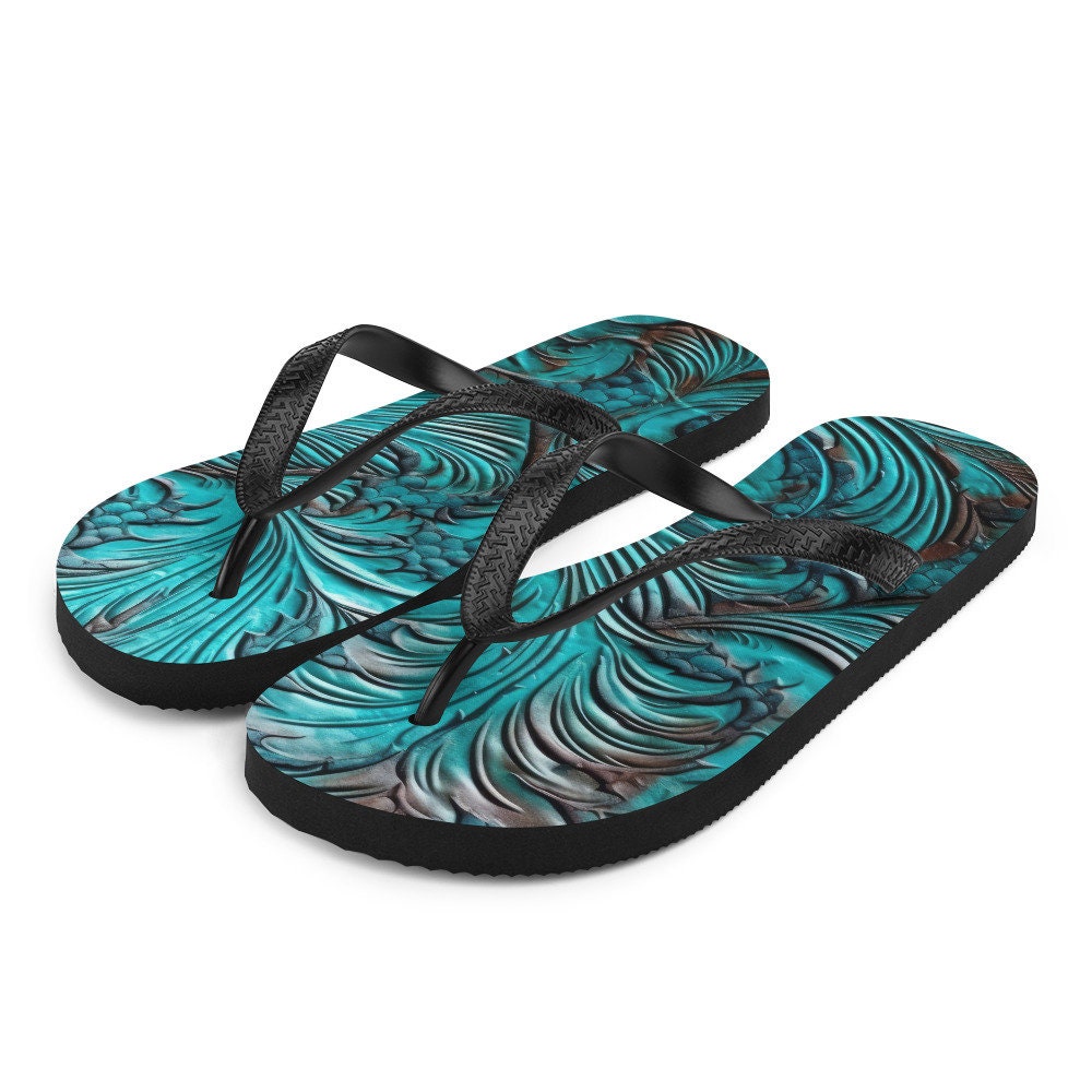 hippieartzone - Western Scroll leather blue design Flip-Flops
