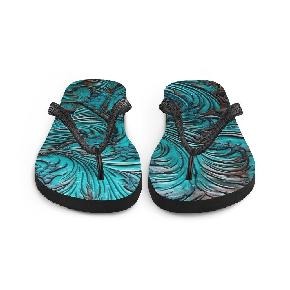 hippieartzone - Western Scroll leather blue design Flip-Flops