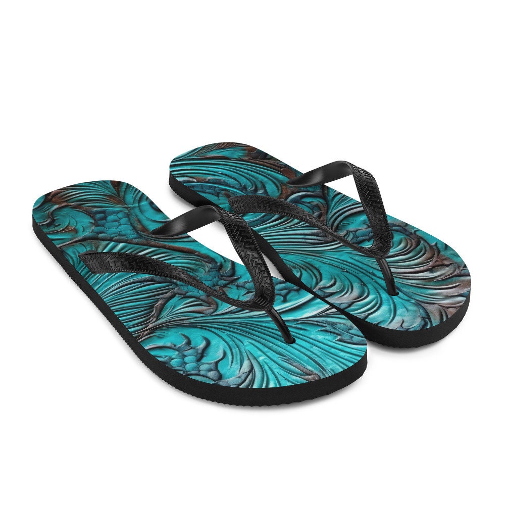 hippieartzone - Western Scroll leather blue design Flip-Flops
