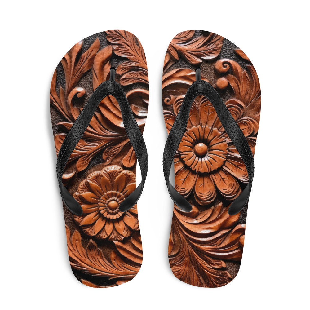 hippieartzone - Faux brown leather scrolled design -brown Flip-Flops