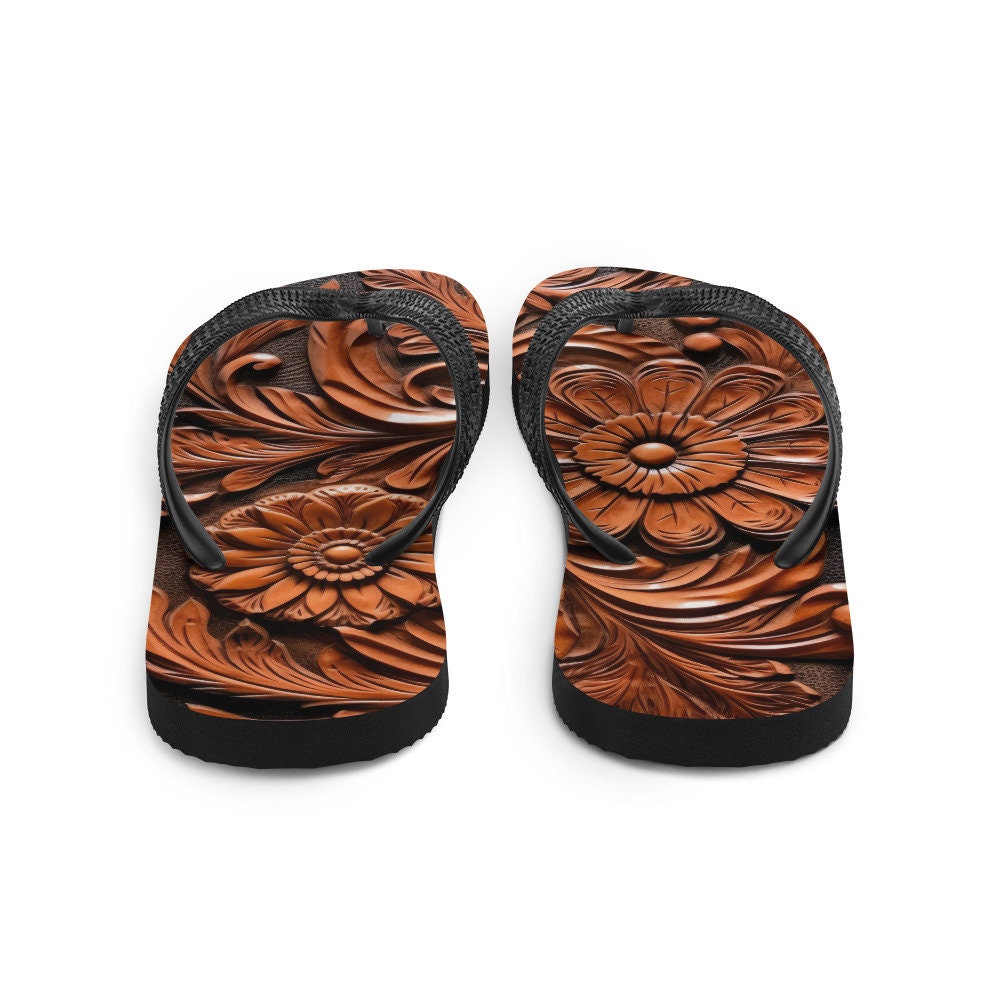 hippieartzone - Faux brown leather scrolled design -brown Flip-Flops