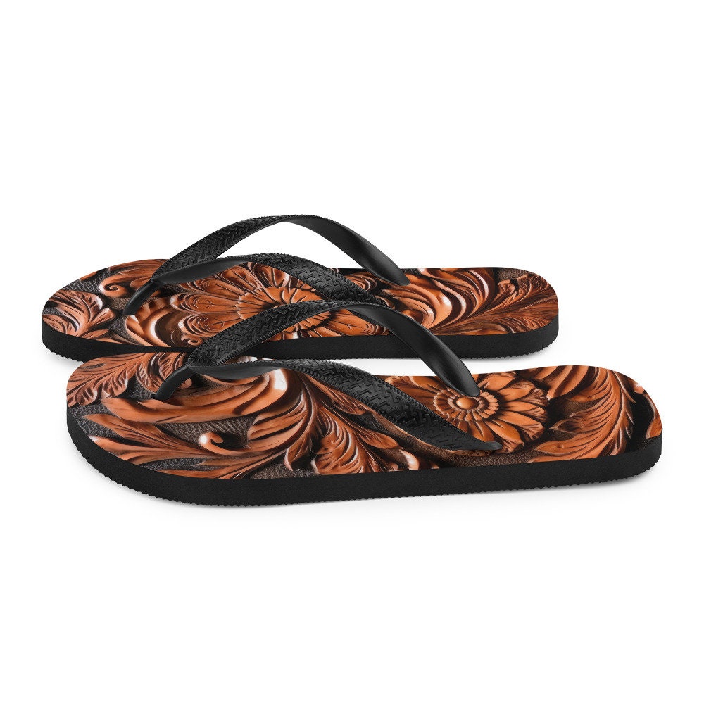 hippieartzone - Faux brown leather scrolled design -brown Flip-Flops