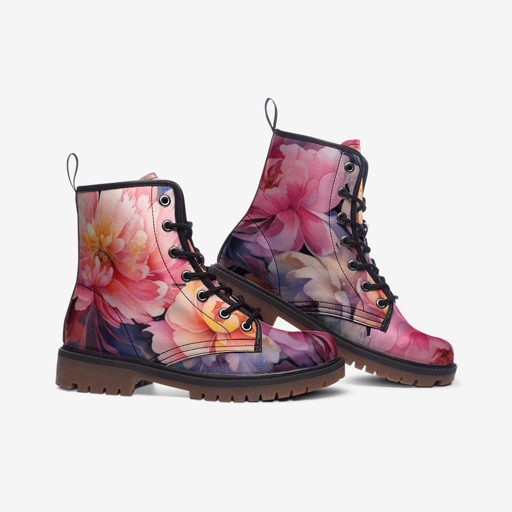 Hippie Art Zone - Painted Flowers Casual Faux Leather Lightweight Boots