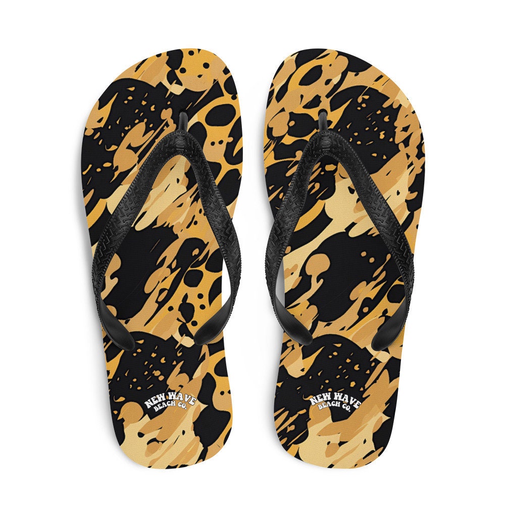 hippieartzone - Splatter Paint Animal Print Brown Black Flip Flops