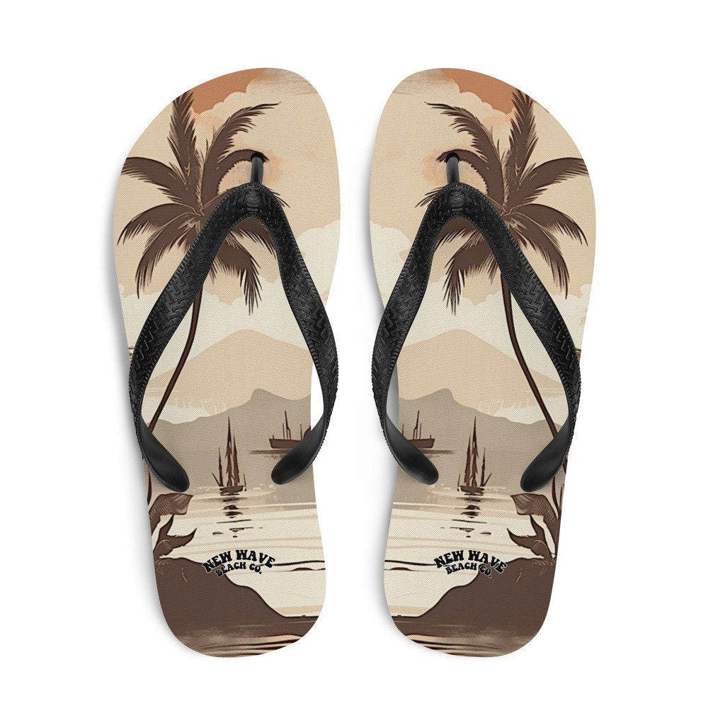 hippieartzone - Vintage Faded Brown Island Palm Tree Bay Flip Flops Colorful 