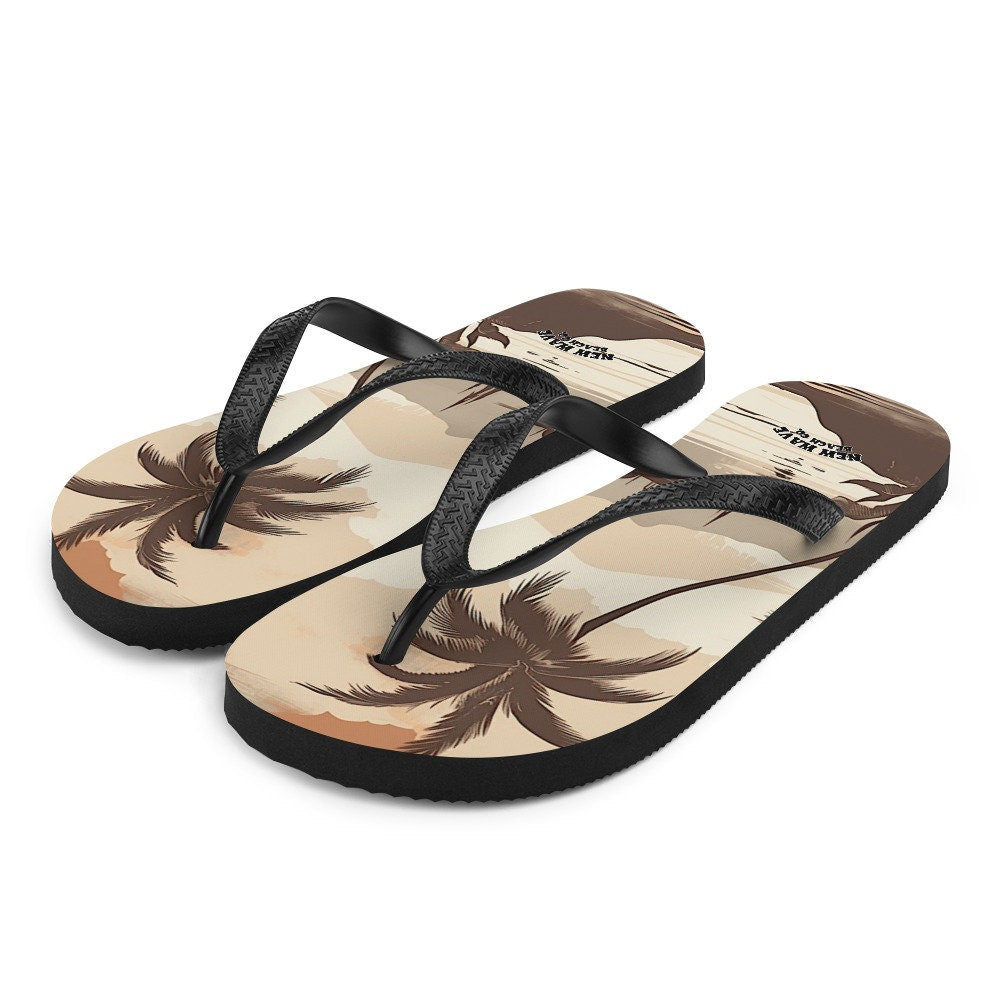 hippieartzone - Vintage Faded Brown Island Palm Tree Bay Flip Flops Colorful 
