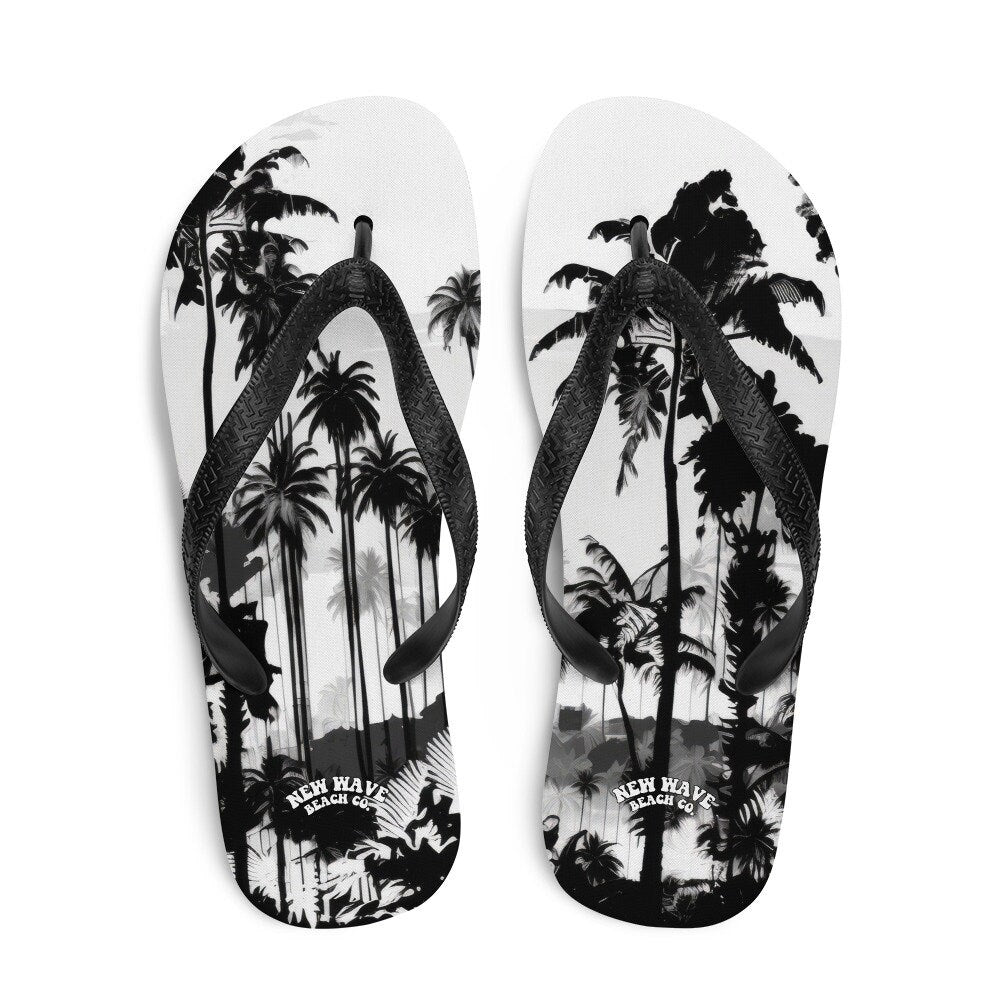 hippieartzone - Black White Inky Faded Photo Island Palm Tree Flip Flops 