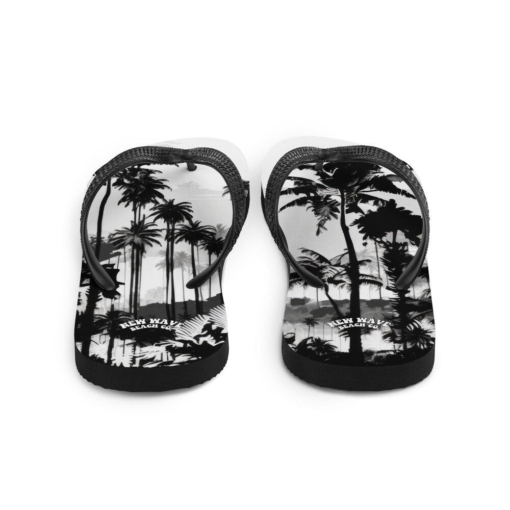 hippieartzone - Black White Inky Faded Photo Island Palm Tree Flip Flops 
