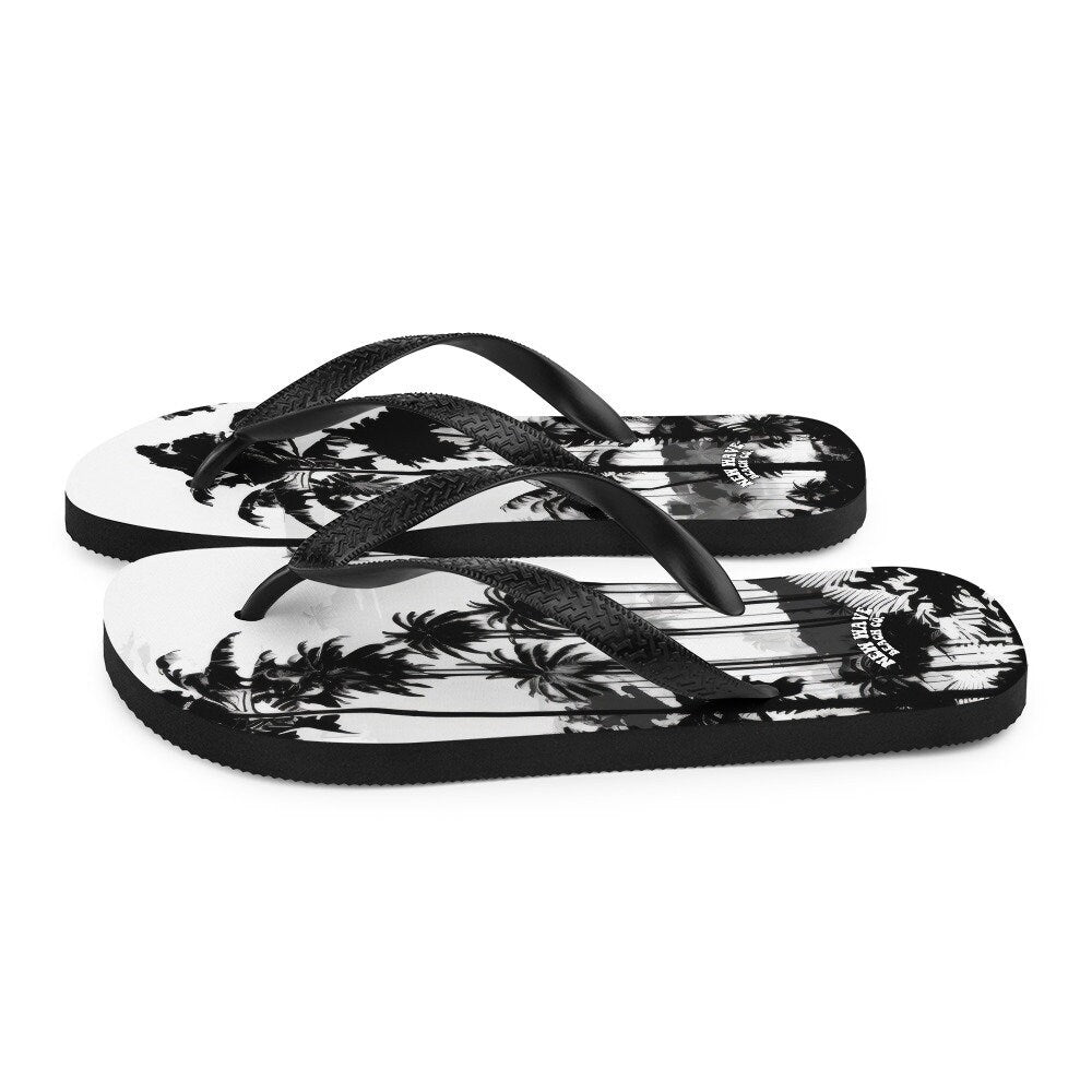 hippieartzone - Black White Inky Faded Photo Island Palm Tree Flip Flops 