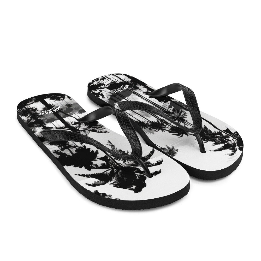 hippieartzone - Black White Inky Faded Photo Island Palm Tree Flip Flops 