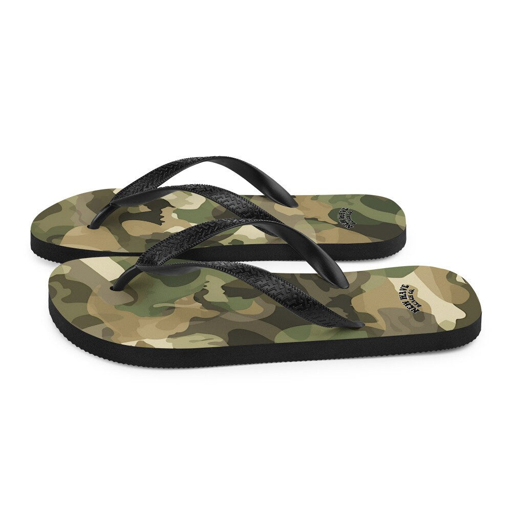 hippieartzone - Green and Brown Camo Camouflage Print Flip Flops Colorful 