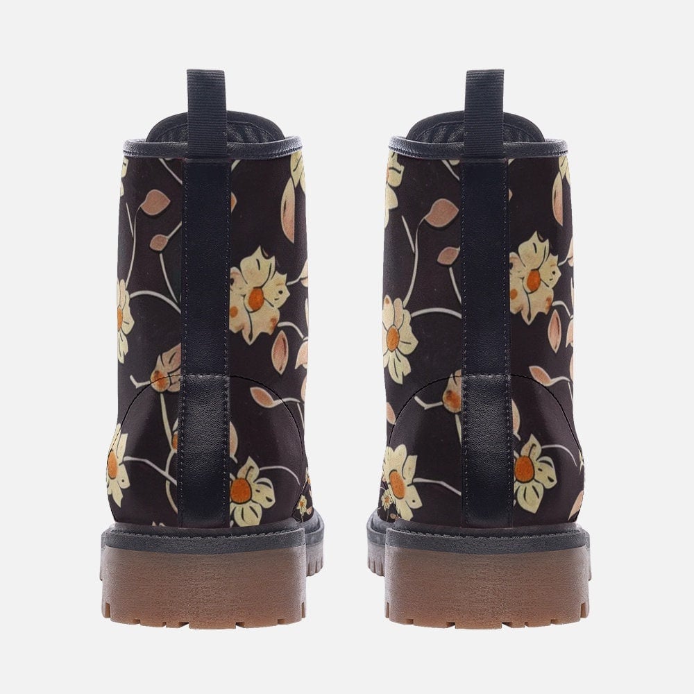 Hippie Art Zone - Gorgeous Abstract Orange Cream And Black Floral Vegan Leather Boots