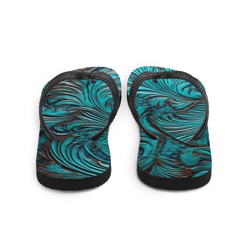 hippieartzone - Western Scroll leather blue design Flip-Flops
