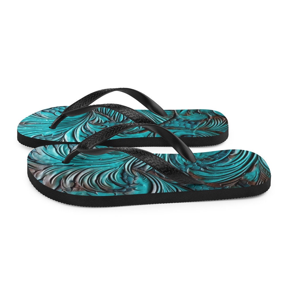hippieartzone - Western Scroll leather blue design Flip-Flops