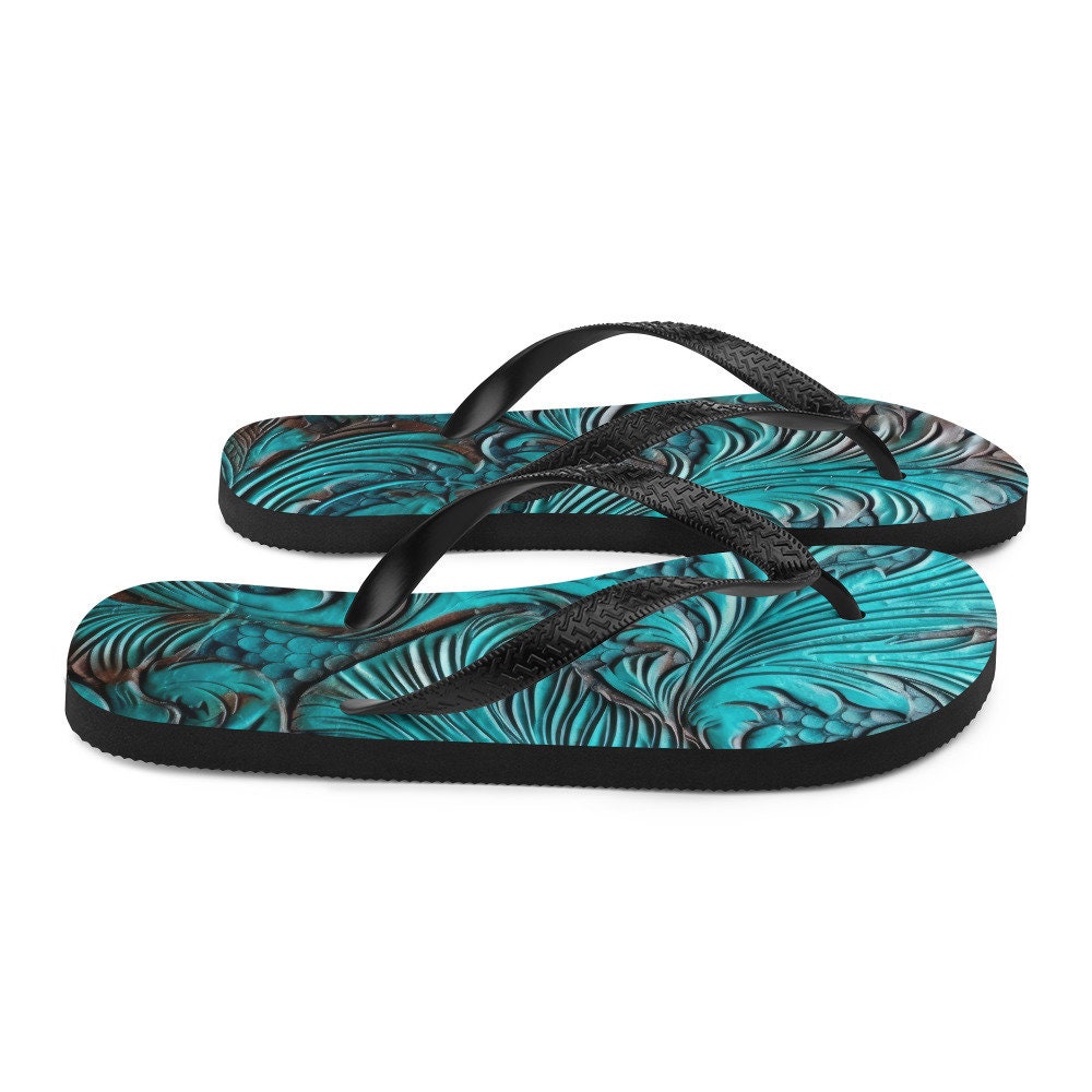 hippieartzone - Western Scroll leather blue design Flip-Flops