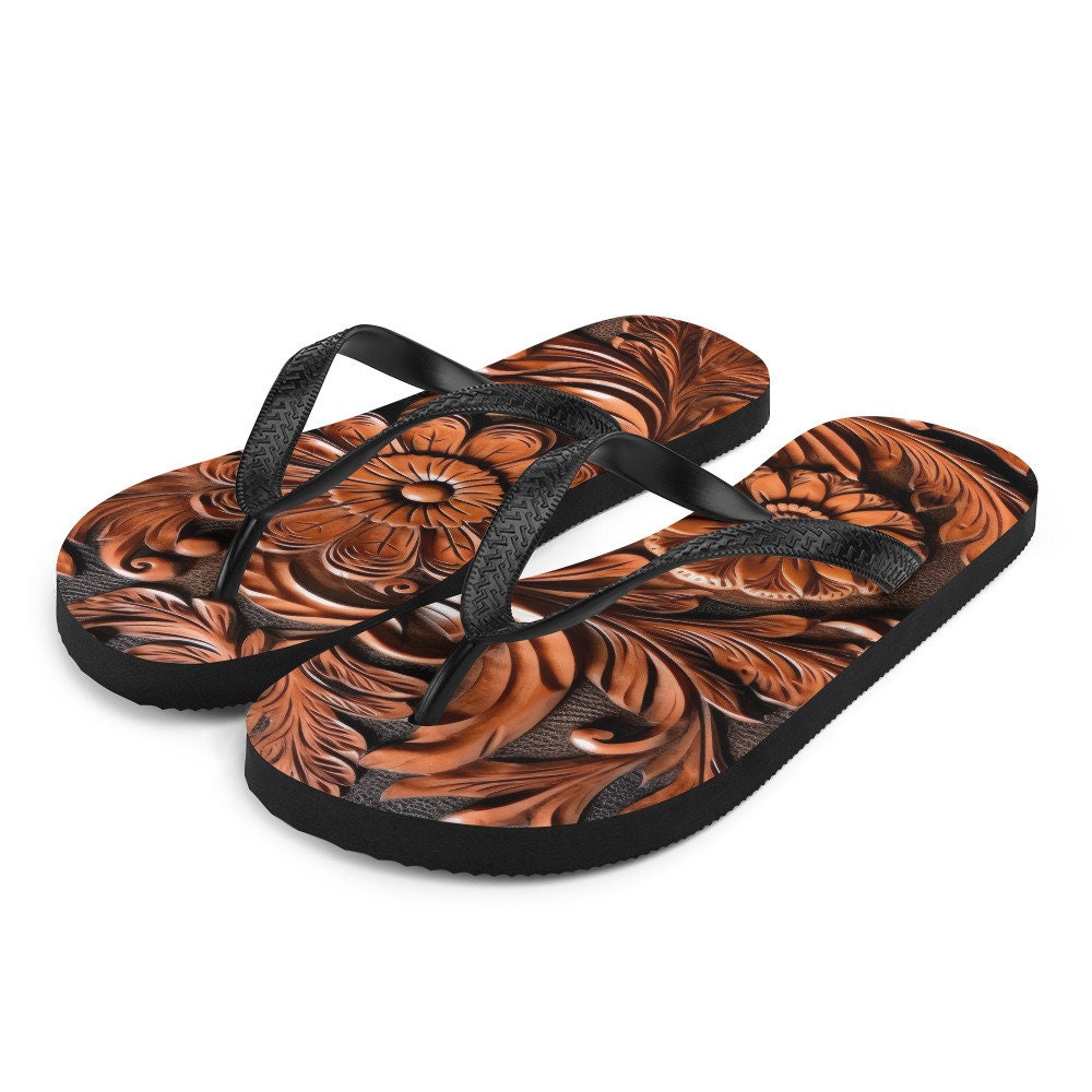 hippieartzone - Faux brown leather scrolled design -brown Flip-Flops