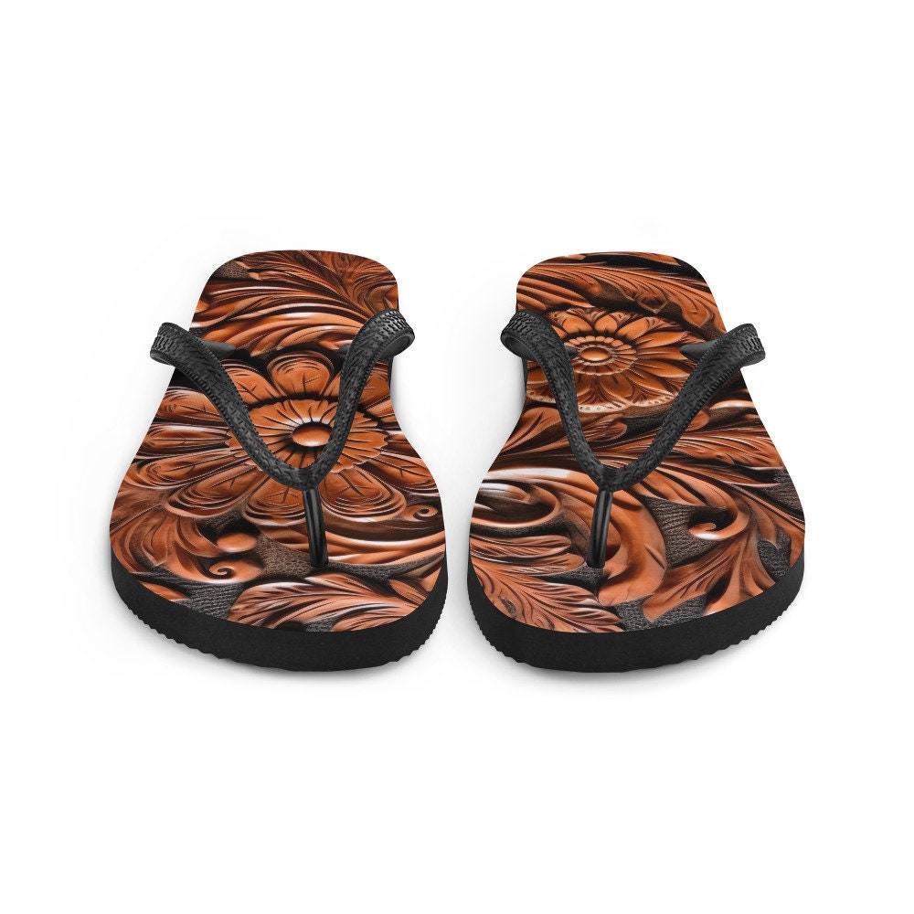 hippieartzone - Faux brown leather scrolled design -brown Flip-Flops