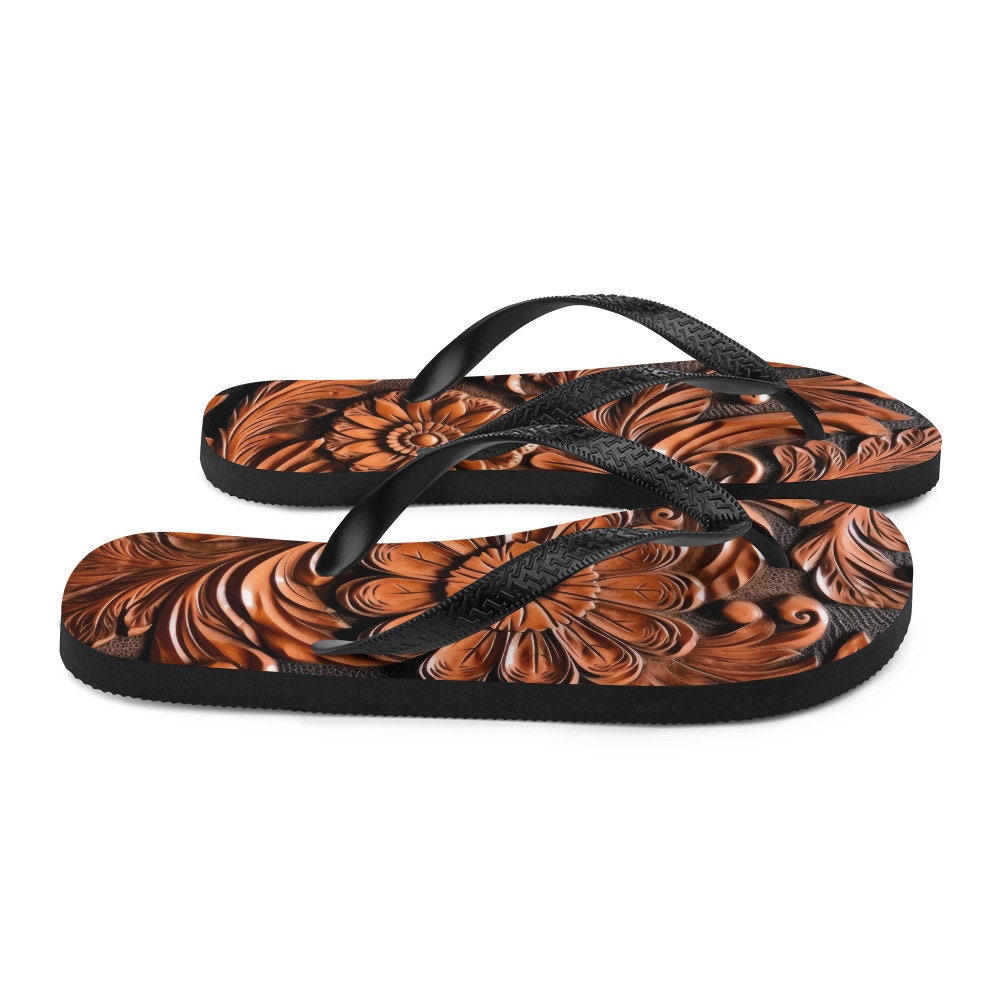 hippieartzone - Faux brown leather scrolled design -brown Flip-Flops