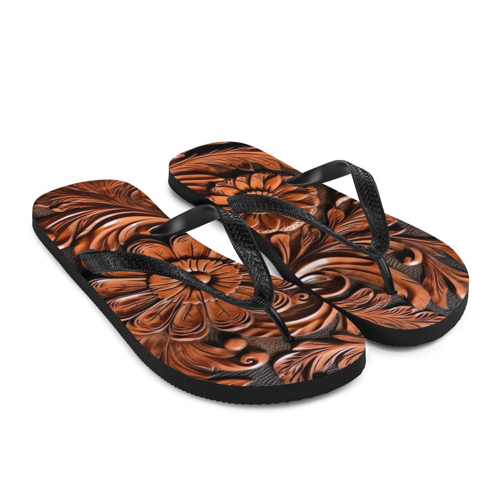 hippieartzone - Faux brown leather scrolled design -brown Flip-Flops