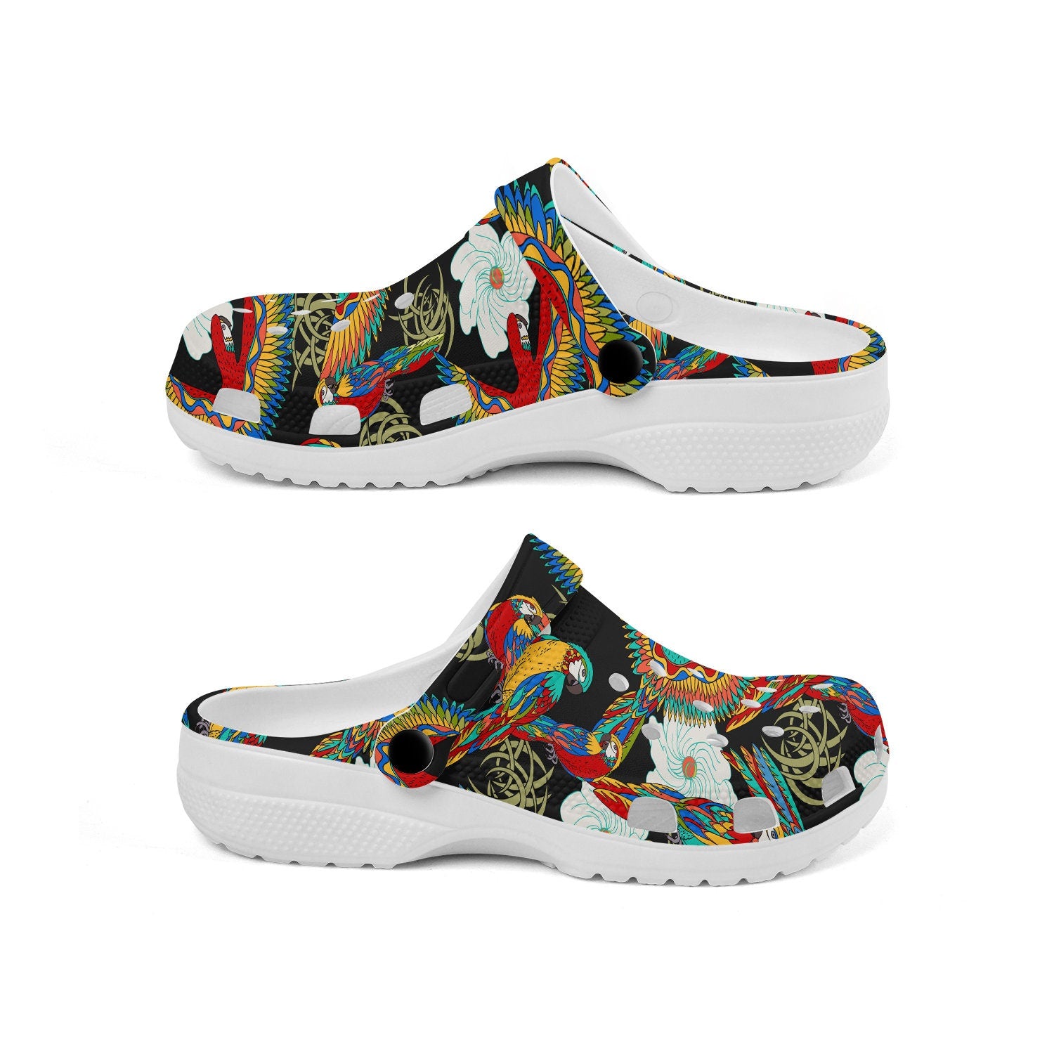 hippieartzone - Floral Parrot Black Clogs for Men and Women 