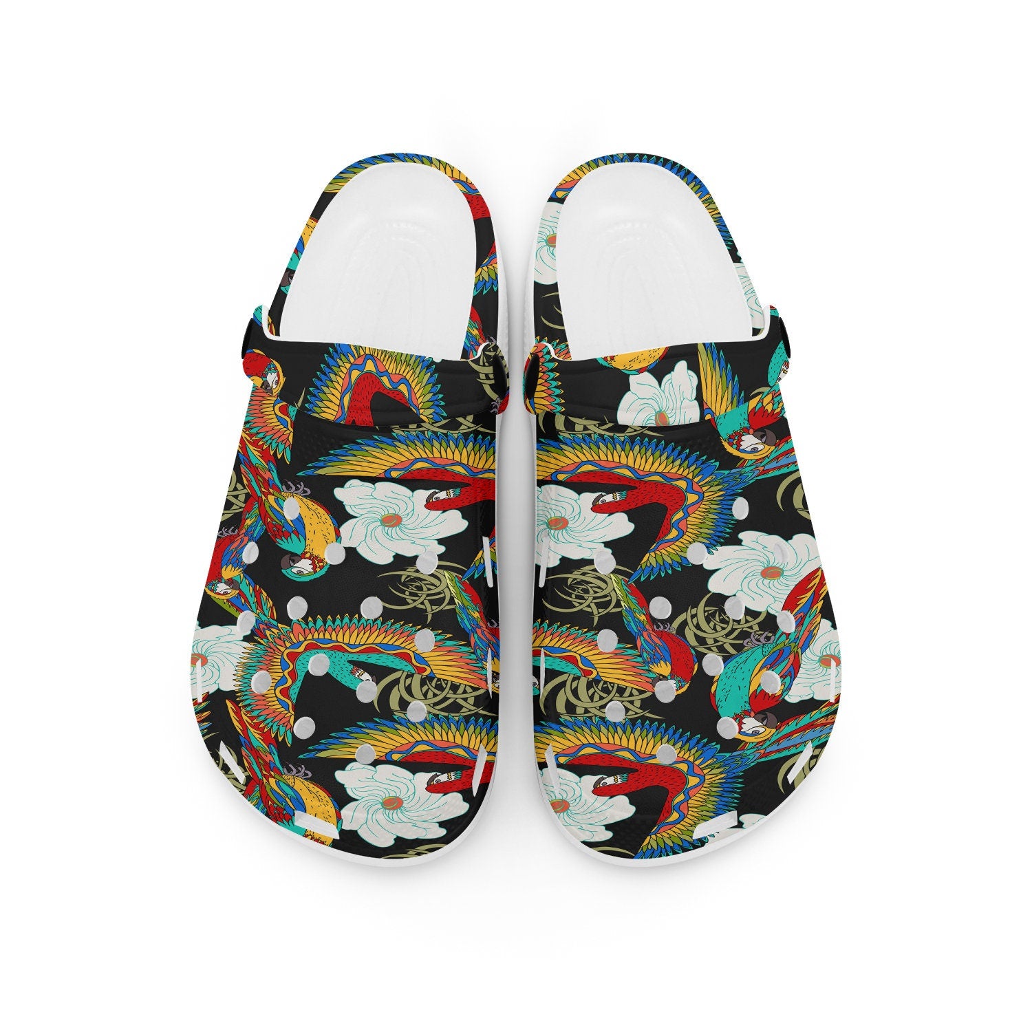 hippieartzone - Floral Parrot Black Clogs for Men and Women 