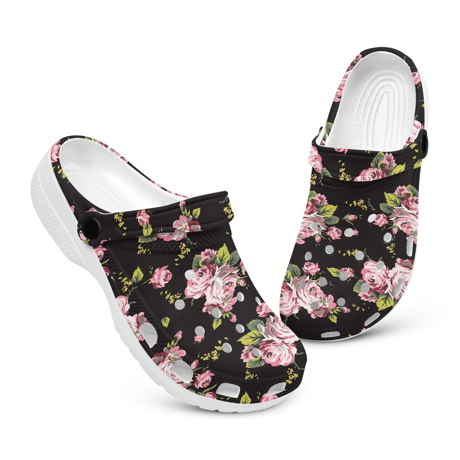 hippieartzone - Black Floral Clogs for Men and Women 