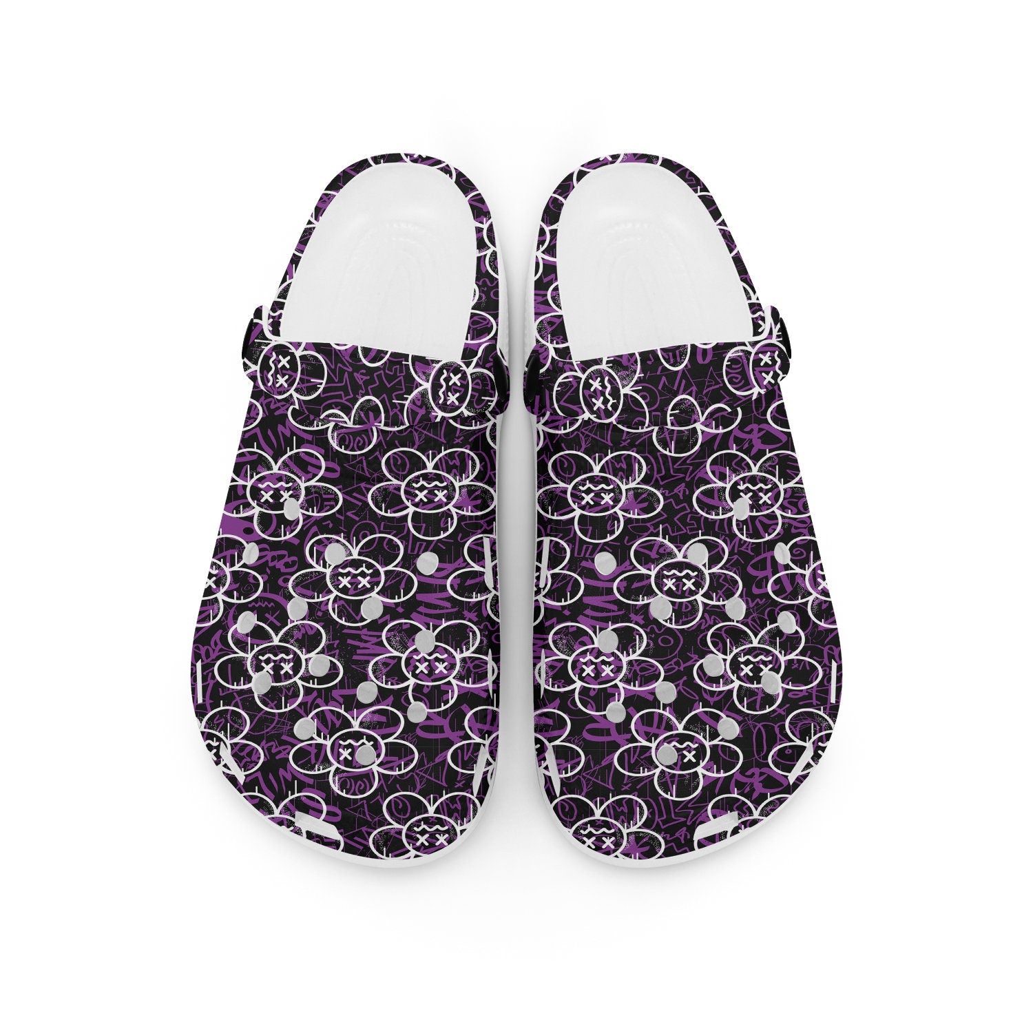 hippieartzone - Black Floral Gothic Graffiti Clogs for Men and Women, printed clogs, , 