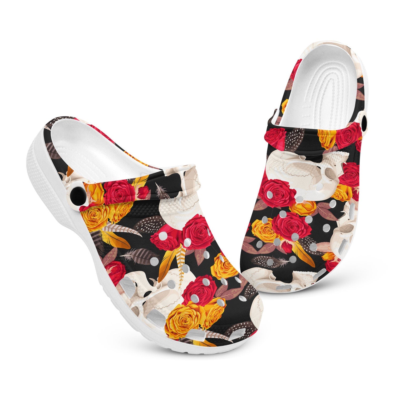 hippieartzone - Floral Roses Skull Clogs for Men and Women, printed clogs, , 