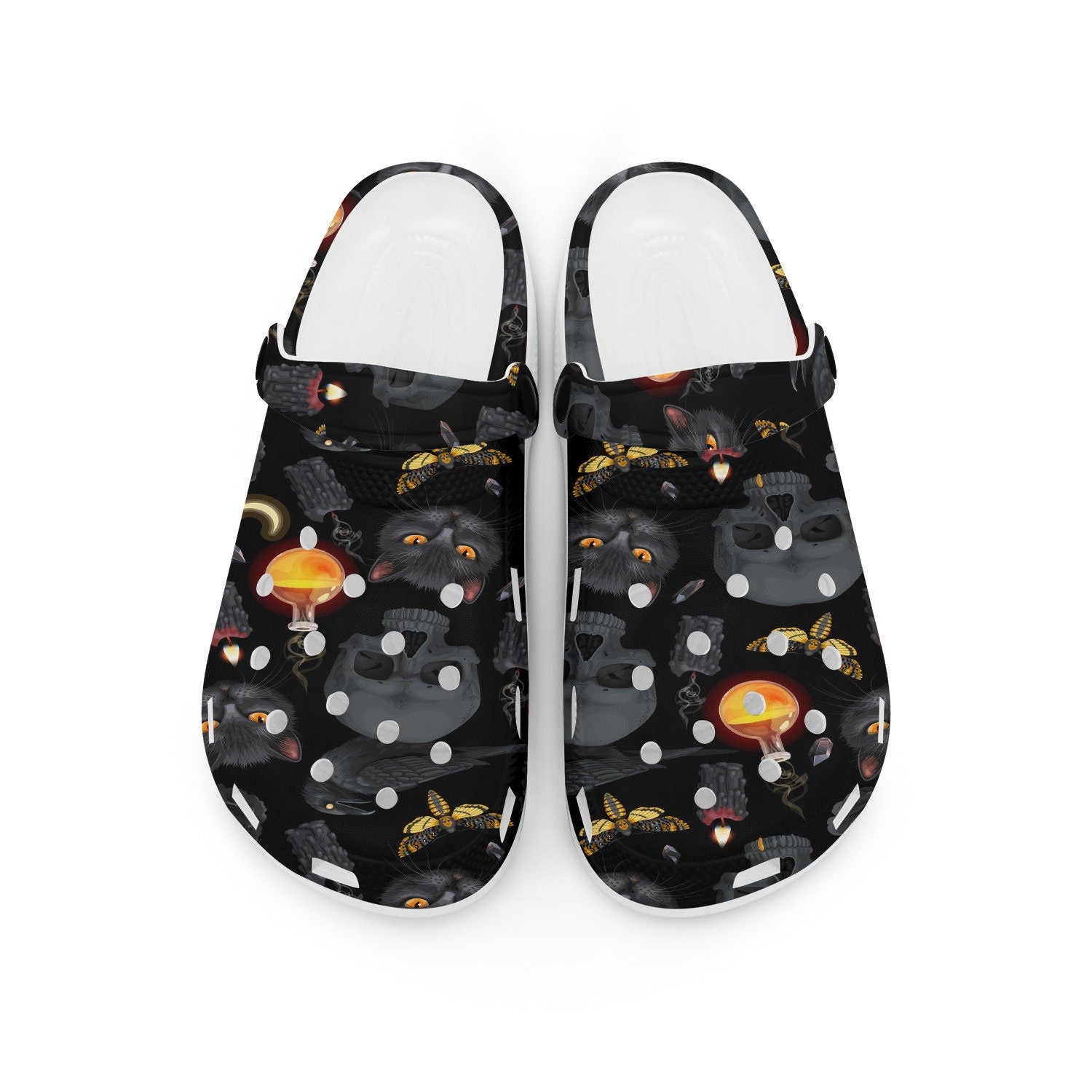 hippieartzone - Raven Moon Skull and Gothic Moth Clogs for Men and Women, printed clogs, , 