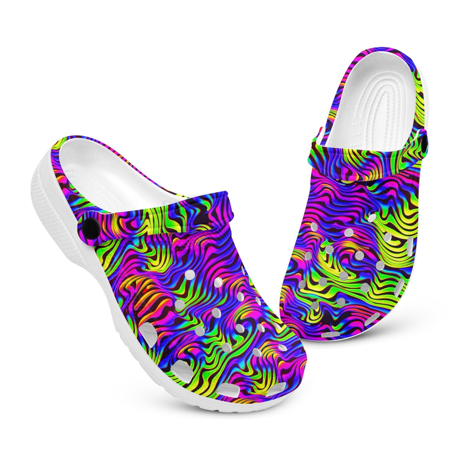 hippieartzone - Curved Lines Psychedelic Rave Festival Clogs for Men and Women, printed clogs, , 