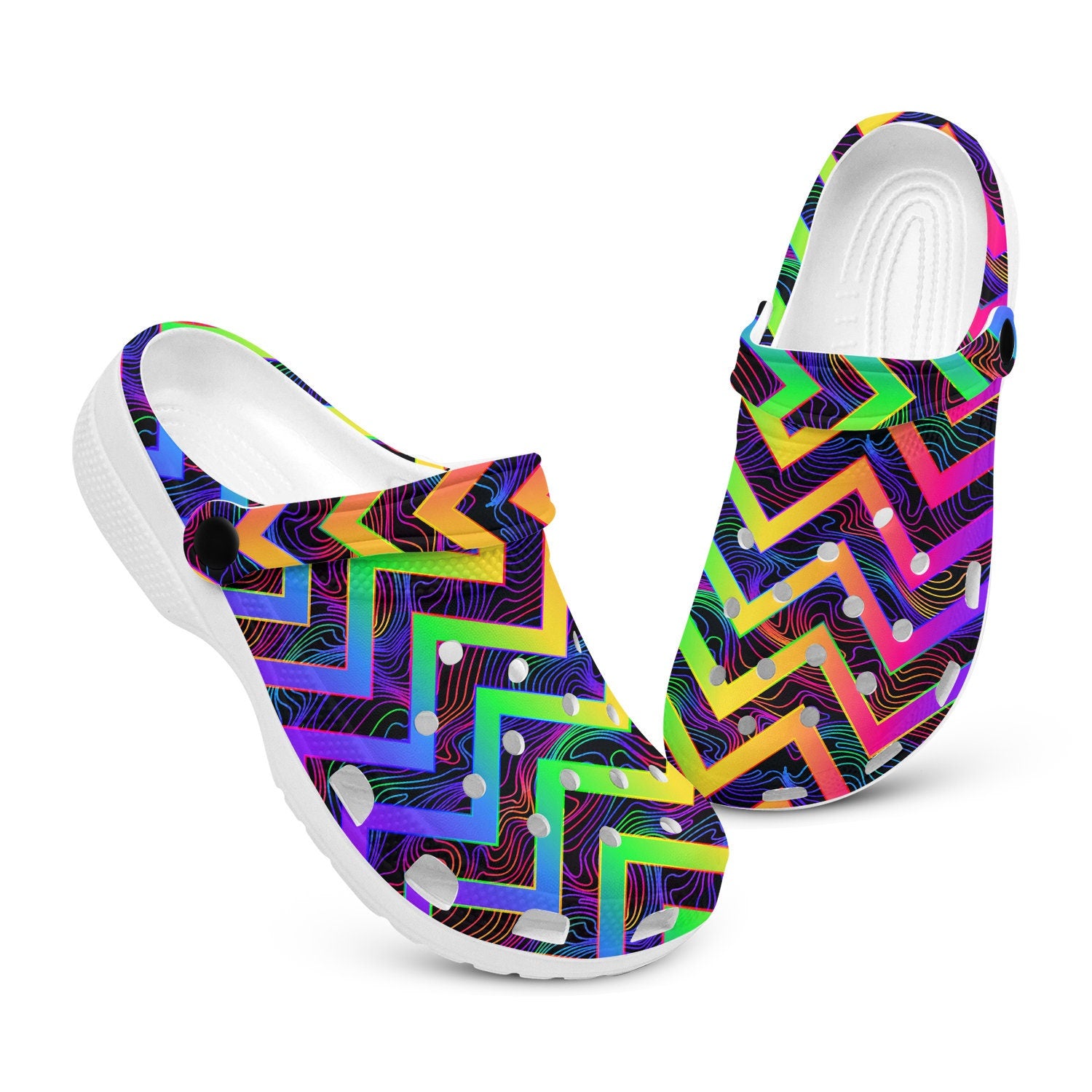 hippieartzone - Psychedelic Neon Zigzag Rave Clogs for Men and Women, printed clogs, , , festival shoes, neon clogs mules