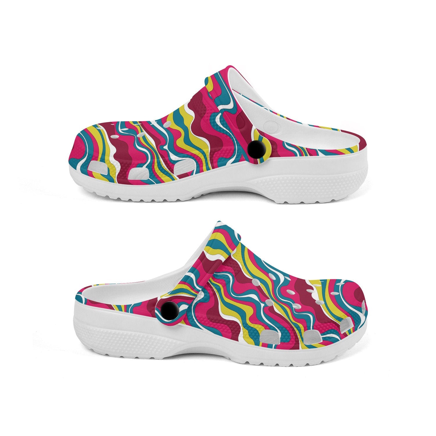 hippieartzone - Red Psychedelic Waves Clogs for Men and Women, printed clogs, , , abstract print shoes, rubber slip on