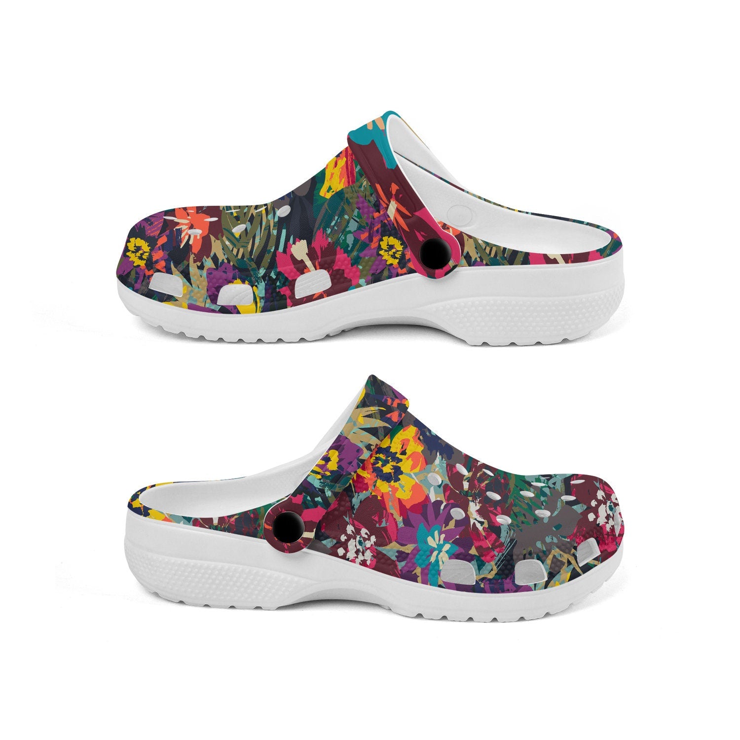 hippieartzone - Tropical Psychedelic Flowers Clogs for Men and Women, printed clogs, , , custom abstract print shoes