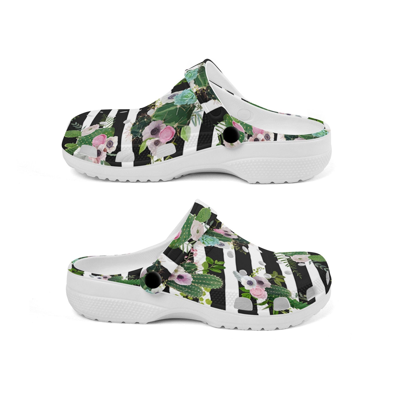 hippieartzone - Stripes Cactus and flowers pattern Unisex Classic Clogs for Men and Women 