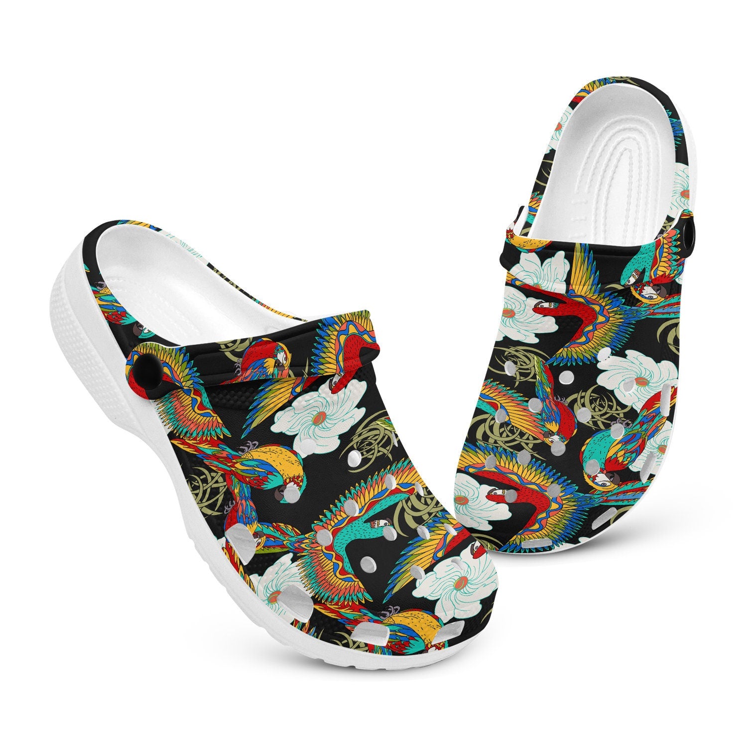 hippieartzone - Floral Parrot Black Clogs for Men and Women 