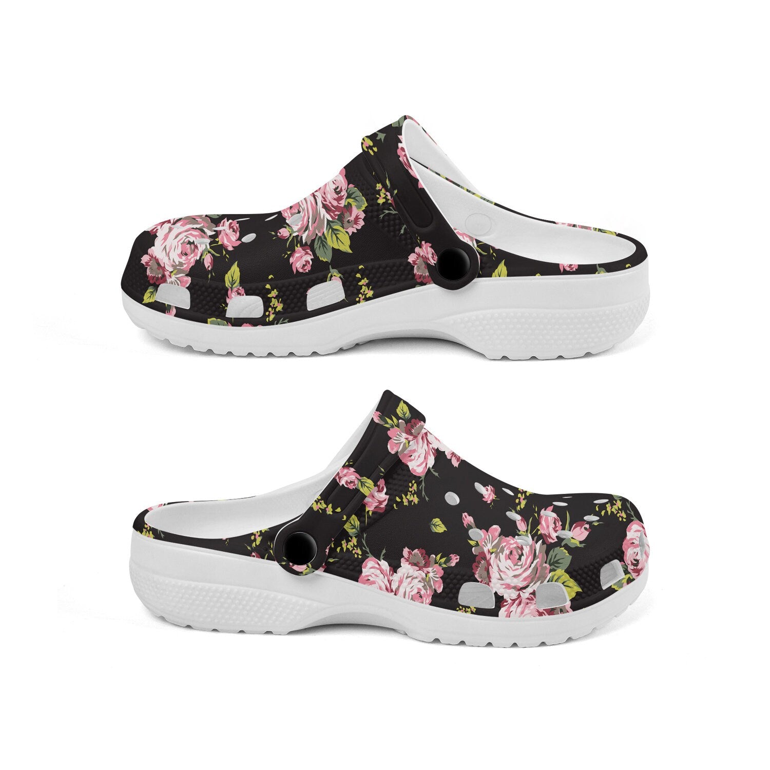 hippieartzone - Black Floral Clogs for Men and Women 