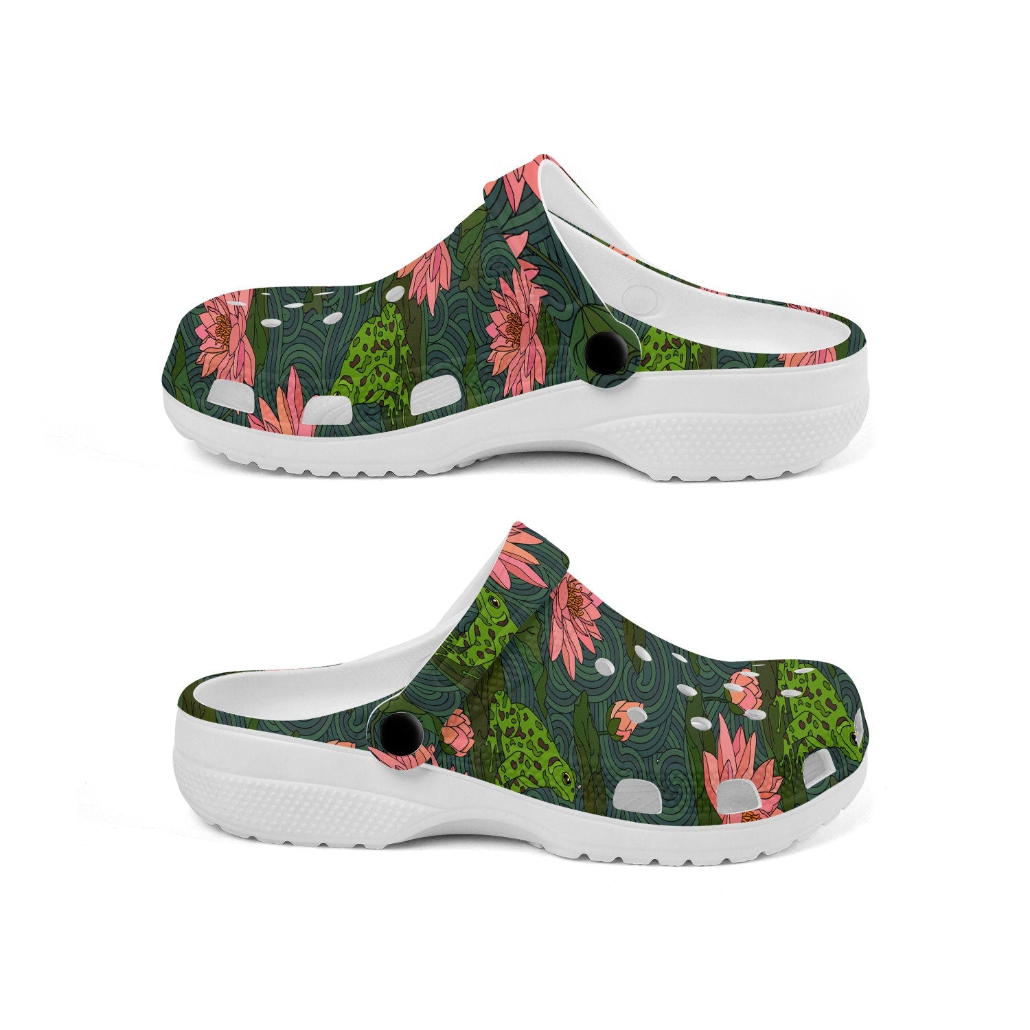 hippieartzone - Waterlily Frog Print Pattern Clogs for Men and Women