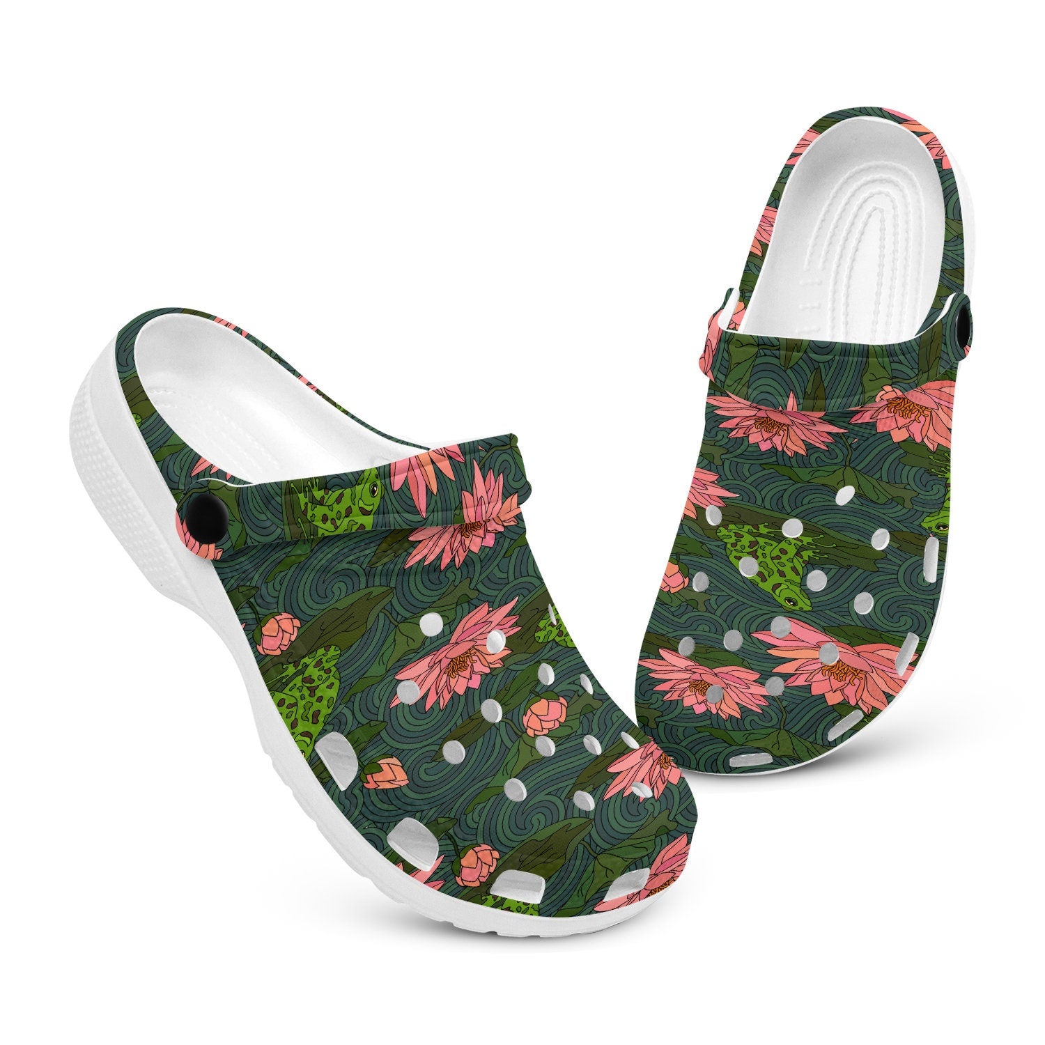 hippieartzone - Waterlily Frog Print Pattern Clogs for Men and Women