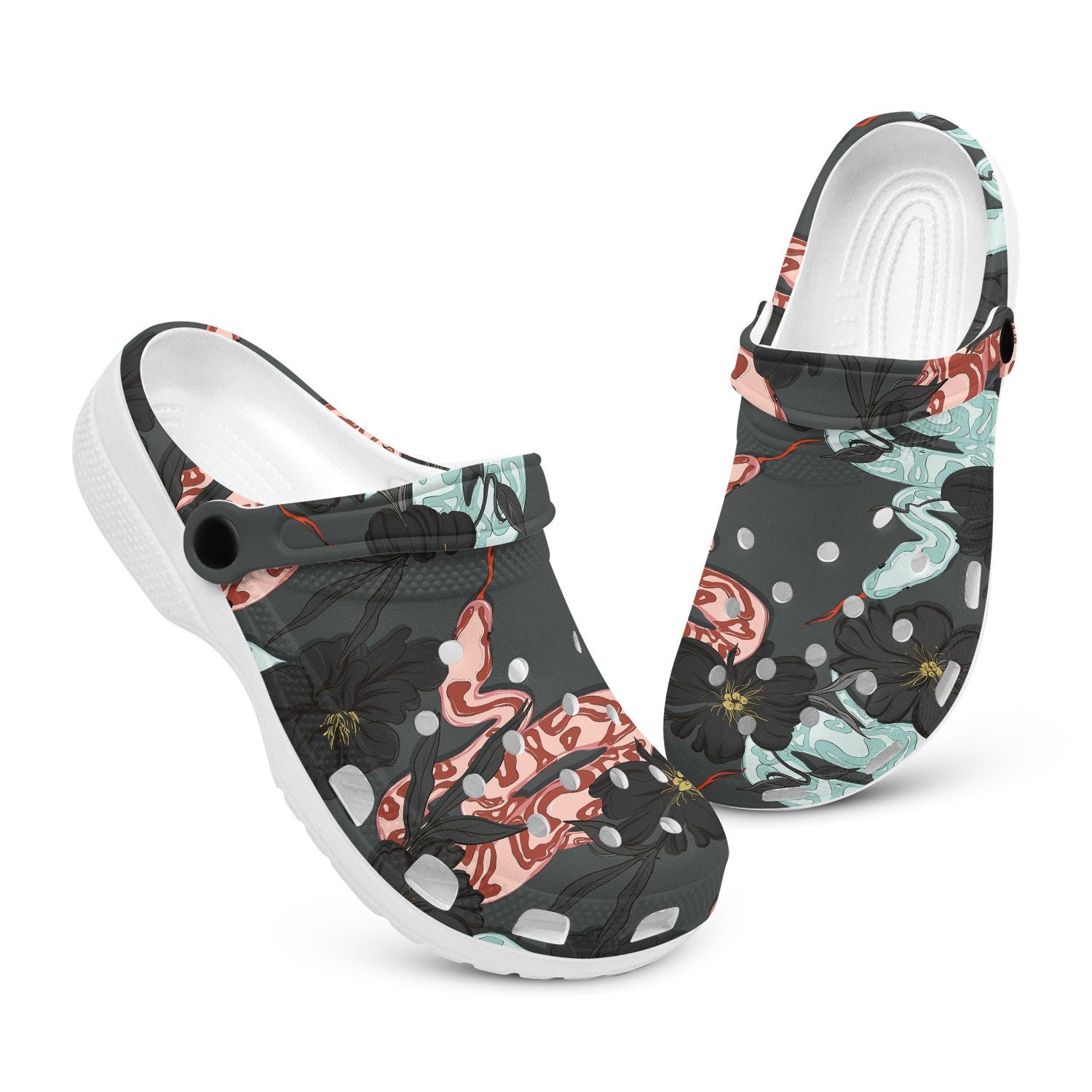 hippieartzone - Hand Drawn Snake in Flowers Floral Clogs for Men and Women