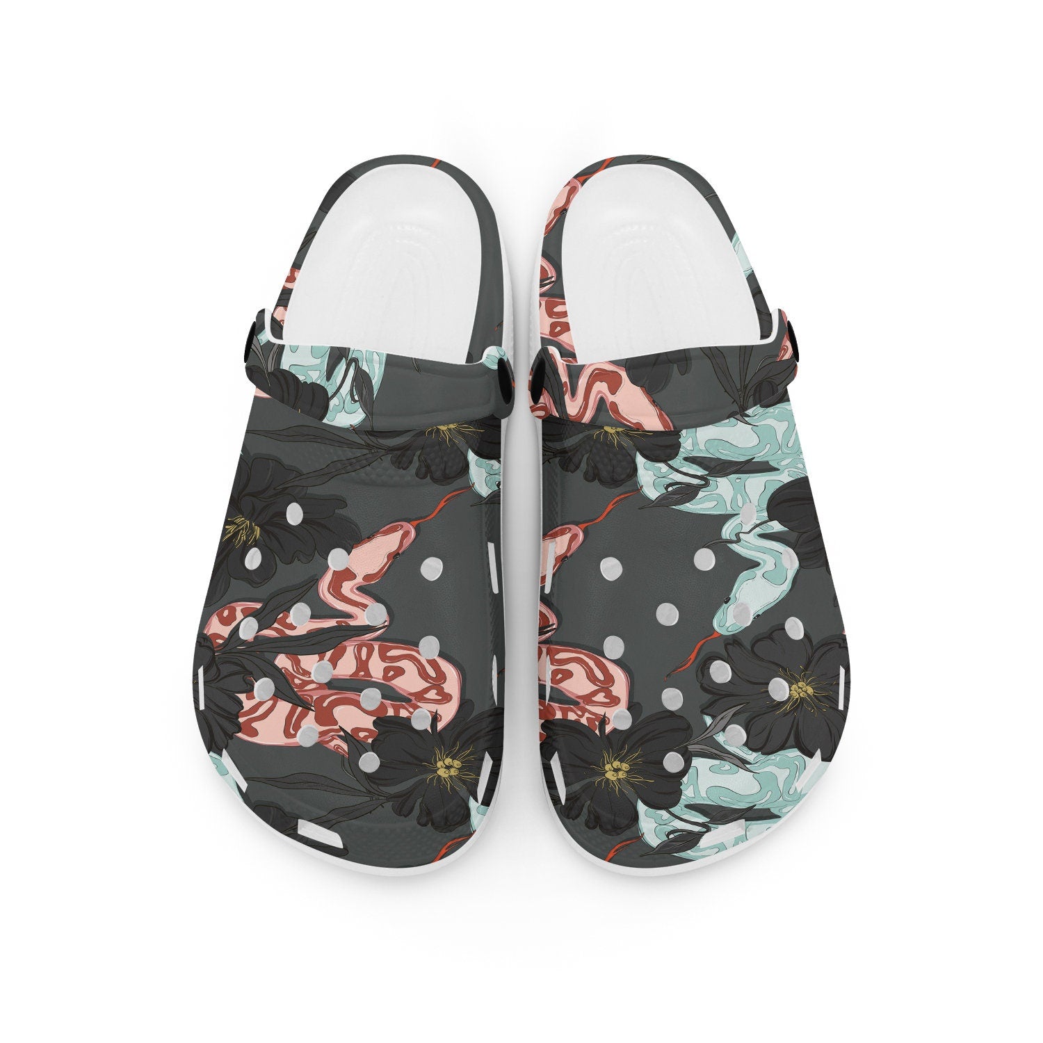 hippieartzone - Hand Drawn Snake in Flowers Floral Clogs for Men and Women