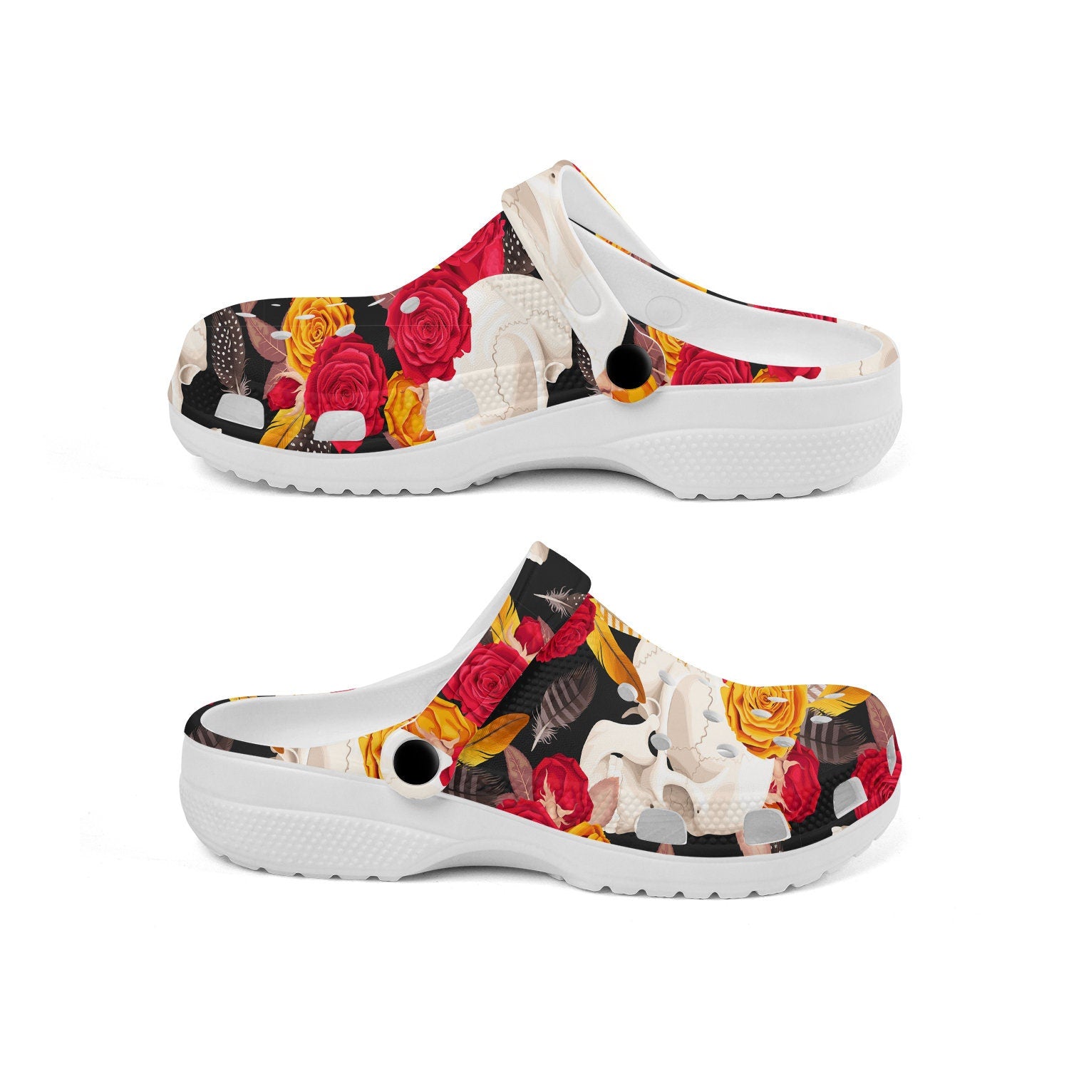 hippieartzone - Floral Roses Skull Clogs for Men and Women, printed clogs, , 