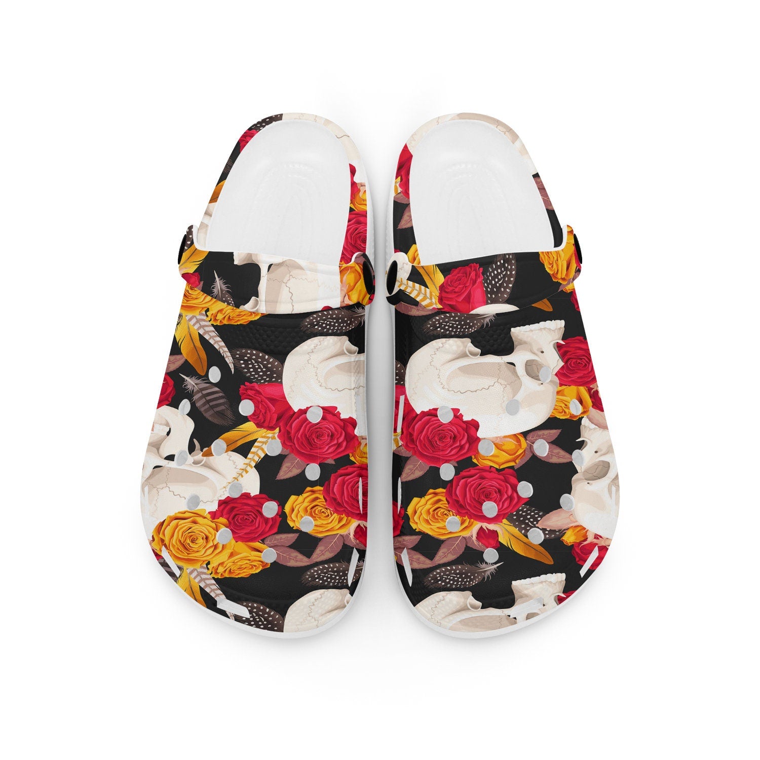 hippieartzone - Floral Roses Skull Clogs for Men and Women, printed clogs, , 