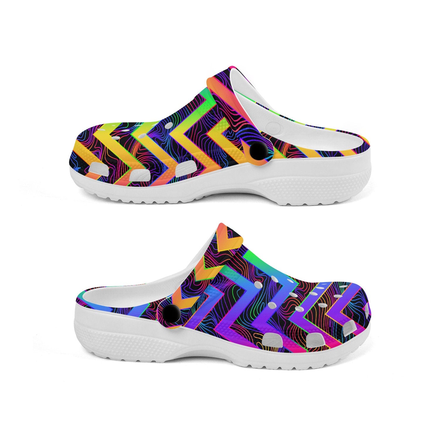 hippieartzone - Psychedelic Neon Zigzag Rave Clogs for Men and Women, printed clogs, , , festival shoes, neon clogs mules