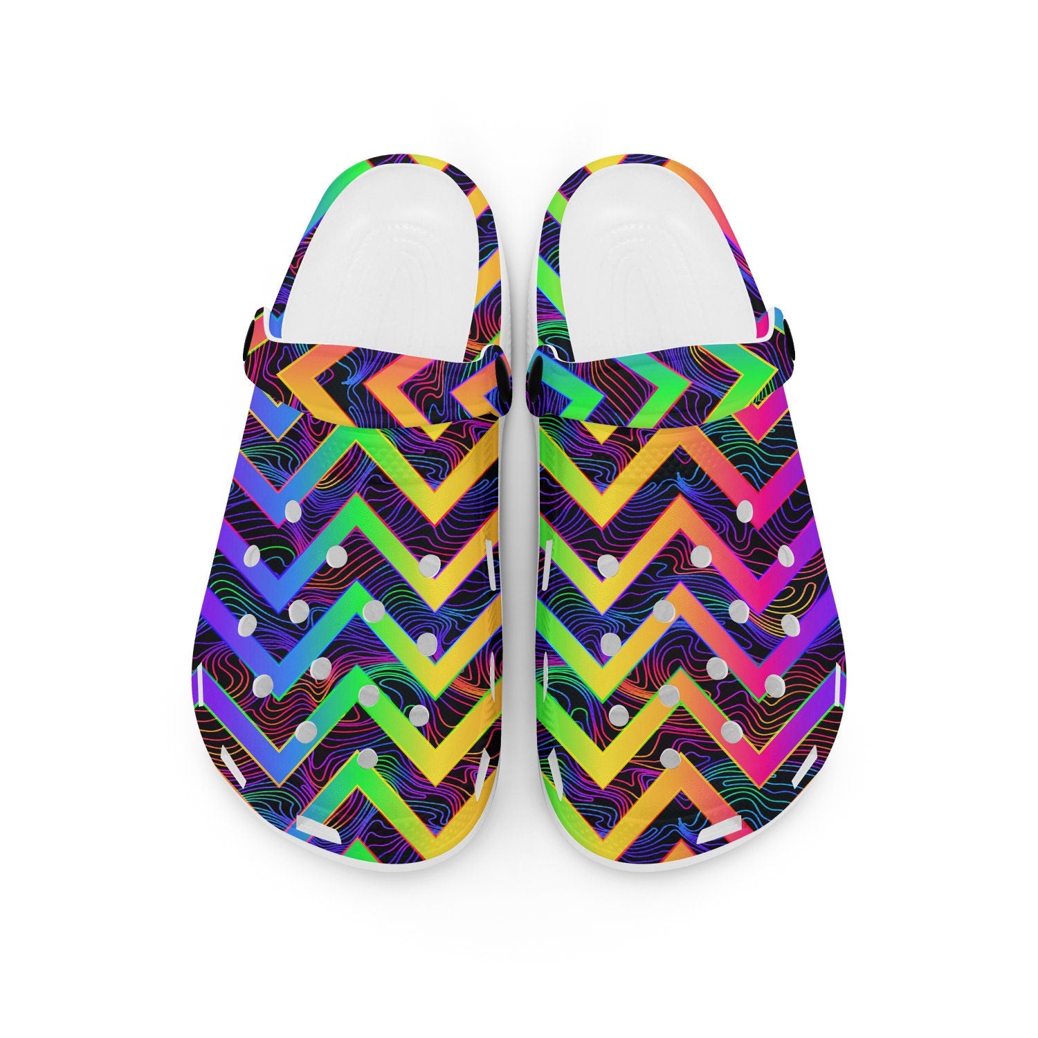 hippieartzone - Psychedelic Neon Zigzag Rave Clogs for Men and Women, printed clogs, , , festival shoes, neon clogs mules
