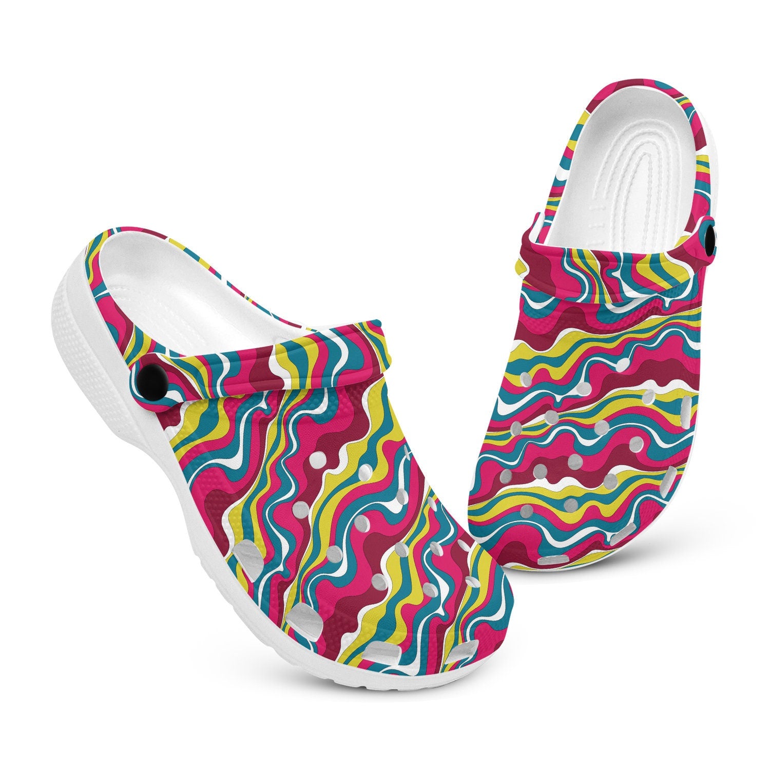 hippieartzone - Red Psychedelic Waves Clogs for Men and Women, printed clogs, , , abstract print shoes, rubber slip on