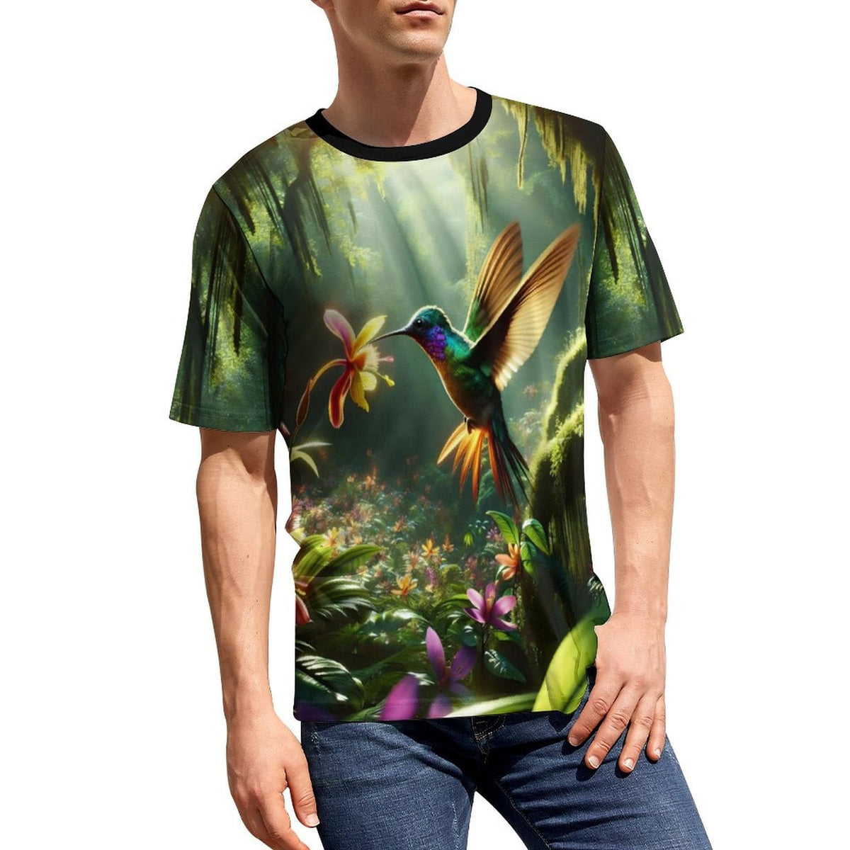 hippieartzone - Forest Hummingbird T-Shirt , Animal Lover Shirt, Hummingbird Tee, Bird Print Shirt, Floral Hummingbird Shirt