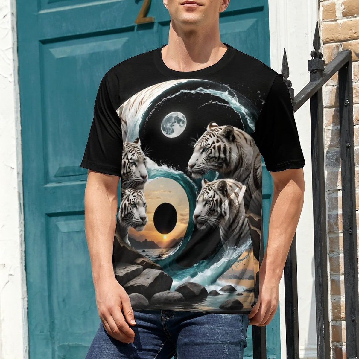 hippieartzone - White Tiger T-Shirt Shirts Tiger Spirit Animal Shirt, Tiger Yin Yang T-Shirt, Animal Lover Tee, Moon Tiger Shirt